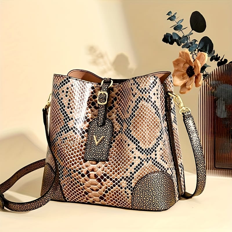 jkthpu-45 23904# Golden Chic Brown Beige Snake Print Shoulder Bag with Metal Clasp