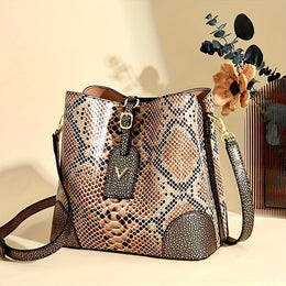 jkthpu-45 23904# Golden Chic Brown Beige Snake Print Shoulder Bag with Metal Clasp