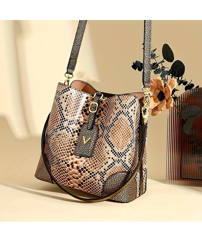 jkthpu-45 23904# Golden Chic Brown Beige Snake Print Shoulder Bag with Metal Clasp