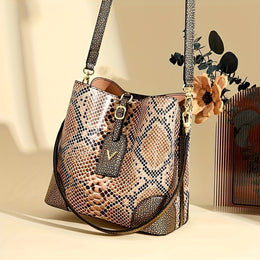 jkthpu-45 23904# Golden Chic Brown Beige Snake Print Shoulder Bag with Metal Clasp