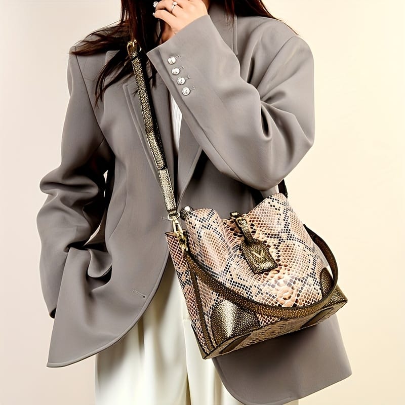 jkthpu-45 23904# Golden Chic Brown Beige Snake Print Shoulder Bag with Metal Clasp