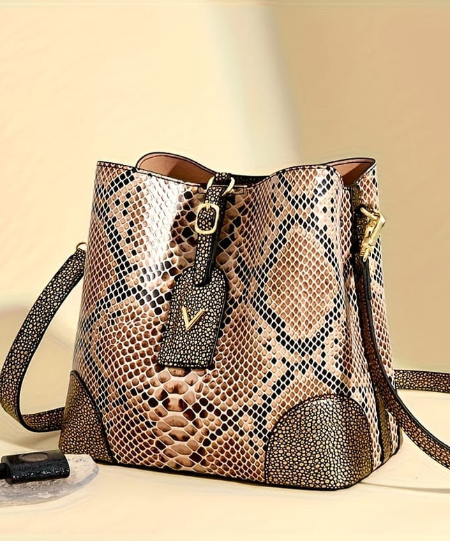 jkthpu-45 23904# Golden Chic Brown Beige Snake Print Shoulder Bag with Metal Clasp