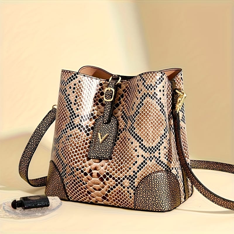 jkthpu-45 23904# Golden Chic Brown Beige Snake Print Shoulder Bag with Metal Clasp