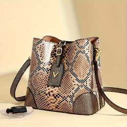 jkthpu-45 23904# Golden Chic Brown Beige Snake Print Shoulder Bag with Metal Clasp