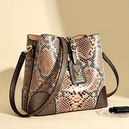 jkthpu-45 23904# Golden Chic Brown Beige Snake Print Shoulder Bag with Metal Clasp