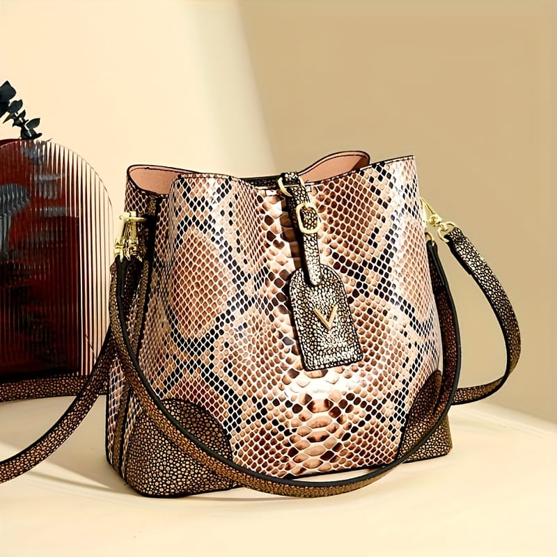 jkthpu-45 23904# Golden Chic Brown Beige Snake Print Shoulder Bag with Metal Clasp