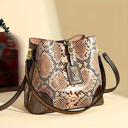 jkthpu-45 23904# Golden Chic Brown Beige Snake Print Shoulder Bag with Metal Clasp