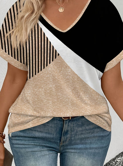 Plus Size, Women's Plus Size T-Shirt - Black/Beige/Striped Graphic Tee - Loose Fit V-Neck Top - Machine Washable Everyday Casual Shirt for Women, Allseason Apparel, Medium Stretch Fabric
