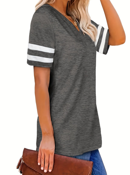 Plus Size Women's V-Neck Short Sleeve T-Shirt - Lightweight Stretchy Summer Tee with Random Print, Loose Casual Fit, Machine Washable, Sizes XL-5XL for Everyday & Office Wear, Versatile Clothing, Striped Print Shirt, Soft Fab