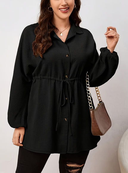 Plus Size - Plus Size, Women'S Elegant Long Sleeve Blouse - Button-Front Shirt with Drawstring Waist, Non-See-Through Fabric for Fall/Winter, Office, Party, Everyday Outfits - Women'S Formal & Casual Tops, Winter Wardrobe, Cl