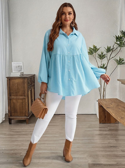 Plus Size, Women's Plus Size Oversized White & Green Horizontal Striped Button- Shirt Jacket-like Blouse - Short Sleeve-like Collar, Wrinkle-Resistant (Machine Washable) H-Line Fit for Year-Round Casual & Dressy Wear (No)