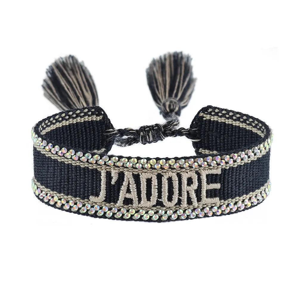 KissICON 26 stone Rhinestone Embroidery Woven Bracelets Adjustable Rope Stackable Bangle For Women