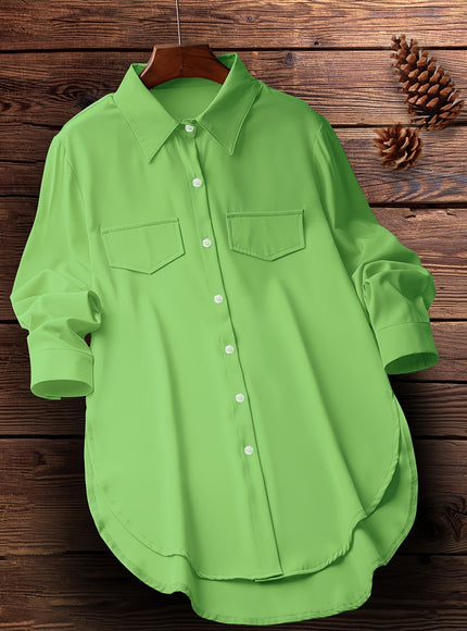 Plus Size Chic Blouse with Flowy Curved Hem - Fashionable Button Front & Classic Collar - Perfect Casual Wear for Spring - Womens Plus Size Clothing