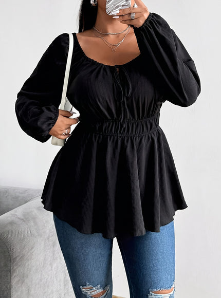 Plus Size - Plus Size - Plus Size - Women'S Plus Size Navy Blue Blouse with Front Drawstring & Ruffled Sleeves - Casual Keyhole Neckline, Long Sleeve, Non-Stretch Fabric, Perfect for Casual Attire, Casual Wear Blouse | Ruffle