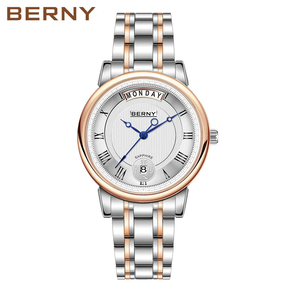 KissICON 2766L-SRG BERNY Women Watch Ladies Quartz Roman Numerals Day Top Calendar Watches Sapphire Glass Solid Steel Strap Women Wristwatch