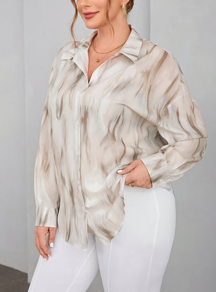 Plus Size - Women'S Tie-Dye Off-Shoulder Blouse - Lightweight Viscose Fabric, Long Sleeve, Button-Up Shirt with Lapel Collar, Perfect for Spring/Summer/Fall, Casual to Formal Wear, Casual Summer Top | Casual Style | Viscose F