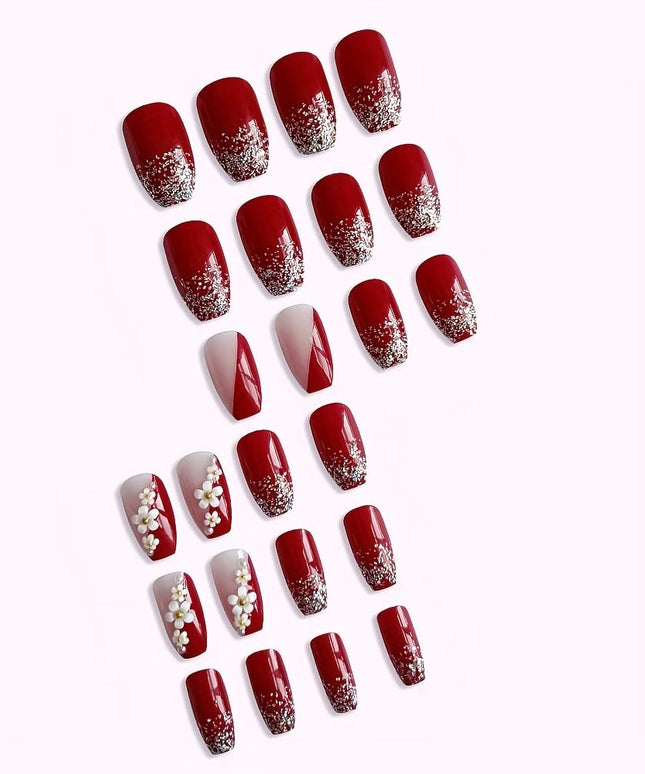 KissIcon 24Pcs Red Press On Nails Camellia French
