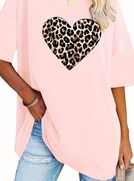 Women's Valentine's Day Leopard Heart Print T-Shirt - Short Sleeve Crew Neck Casual Top, Vibrant Pink, Relaxed Fit, Machine Washable, Plus Size Friendly, All-Season Comfort, Valentine's Day T-shirts, Trendy Casualwear, Durabl
