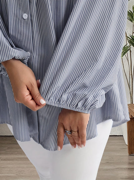 Plus Size, Women's Plus Size Oversized White & Green Horizontal Striped Button- Shirt Jacket-like Blouse - Short Sleeve-like Collar, Wrinkle-Resistant (Machine Washable) H-Line Fit for Year-Round Casual & Dressy Wear (No)