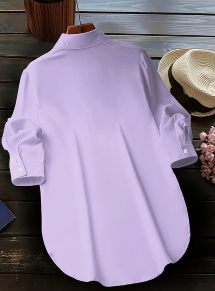 Plus Size Chic Blouse with Flowy Curved Hem - Fashionable Button Front & Classic Collar - Perfect Casual Wear for Spring - Womens Plus Size Clothing