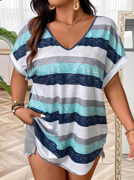 Plus Size, Women's Elegant V-Neck T-Shirt - Stretchy Blouse Top in Teal Blue, Orange & Brown Horizontal Stripes - Polyester/Elastane Blend Shirt for Everyday & Formal Outfits - Machine Washable Women's Clothing, Ladies T Shir