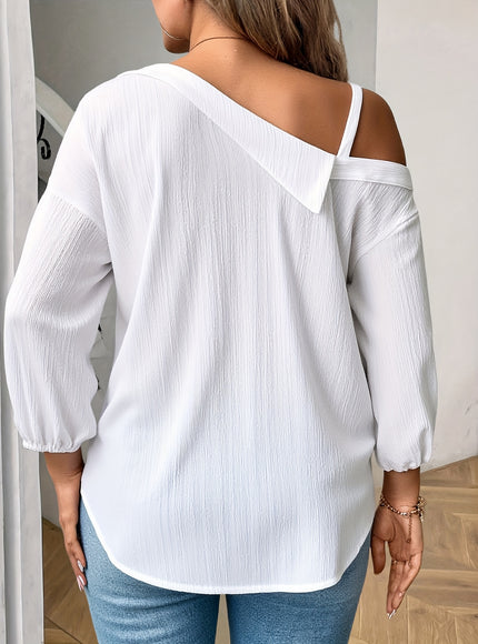Plus Size, 2025 Autumn New Arrival Oversized Women's Loose Drop Shoulder Asymmetrical Neckline Solid White Casual Shirt, Style Top for Daily Wear and Festive Occasions