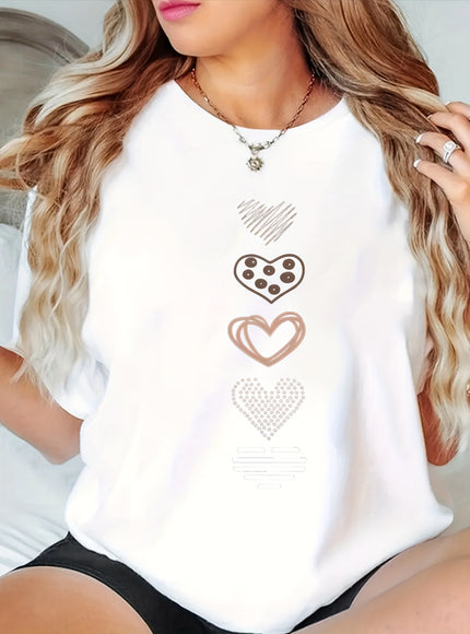 Plus Size, Women's Plus Size Casual T-Shirt - Stretchy Everyday Top with Heart Patterns (White/rose Golden/Print) - Machine Washable Round Neck Shirt for Women - Non-See-Through Fabric for Spring, Summer, Fall Outfits, Ladies