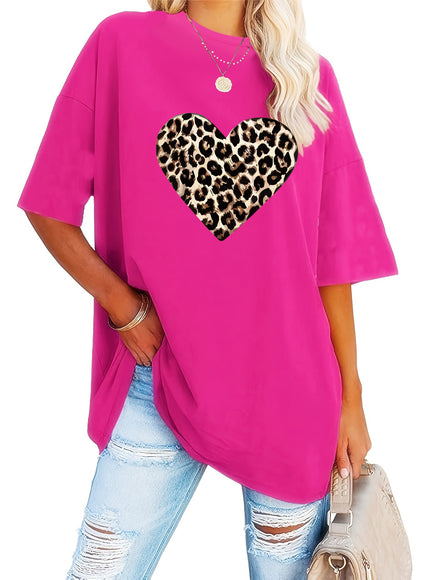 Women's Valentine's Day Leopard Heart Print T-Shirt - Short Sleeve Crew Neck Casual Top, Vibrant Pink, Relaxed Fit, Machine Washable, Plus Size Friendly, All-Season Comfort, Valentine's Day T-shirts, Trendy Casualwear, Durabl