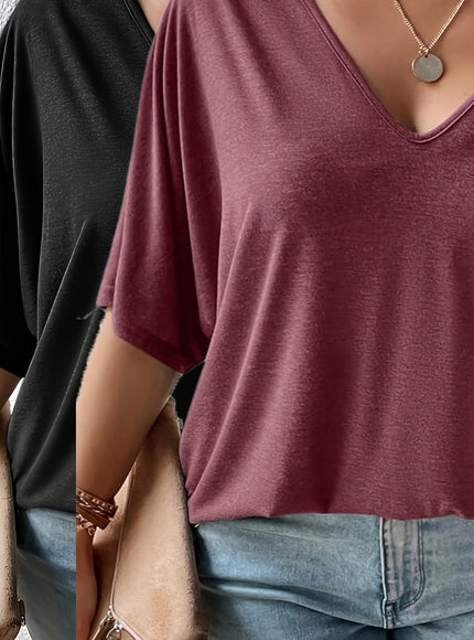 Plus Size, Plus Size Women's 2pcs Set Deep V Neck Solid Color Pocket Patch T-Shirt