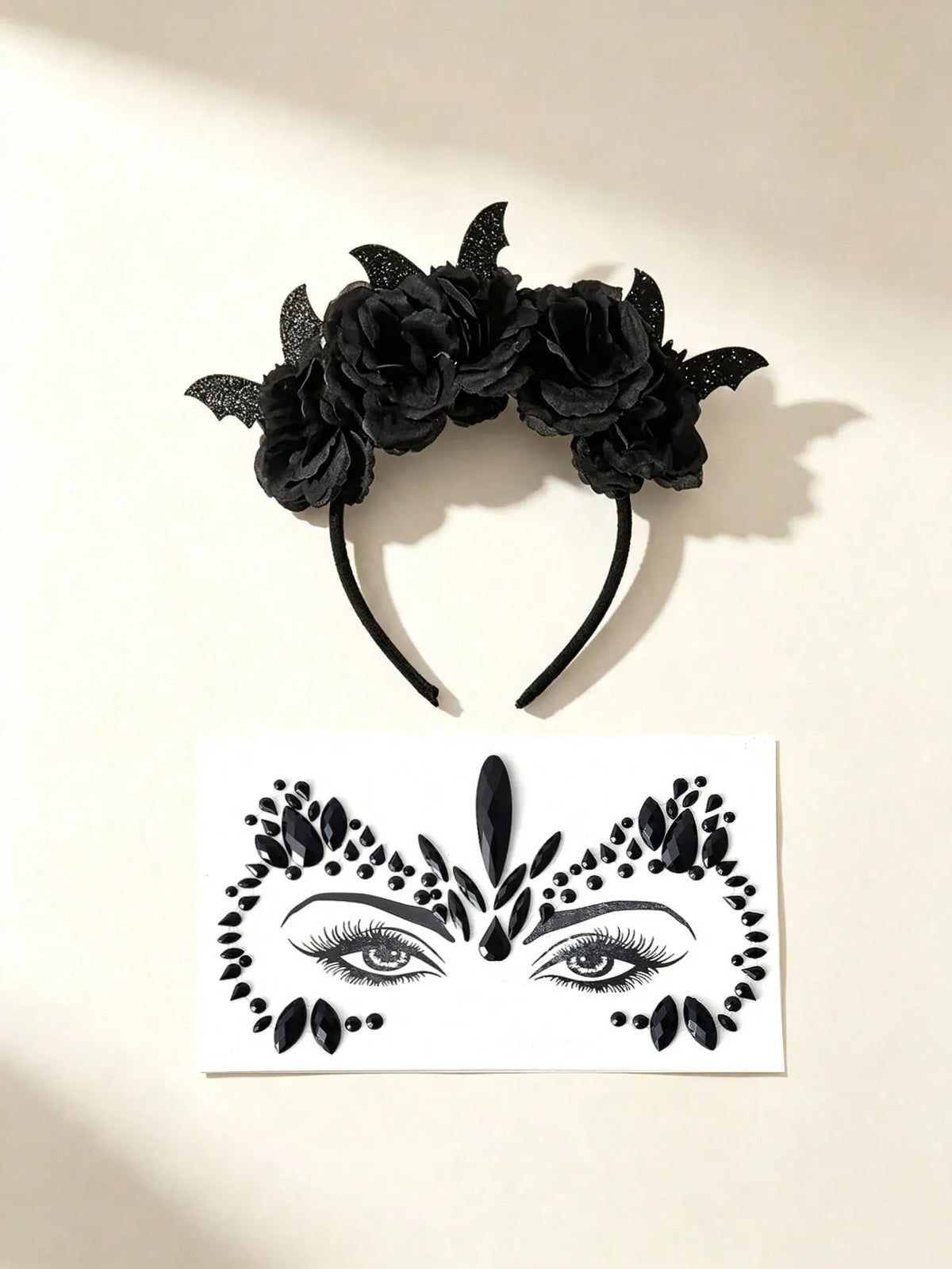 KissICON 2PCS Halloween Party Headband Set - Includes Flower & Bat Decorated Headbands, Black Rhinestone