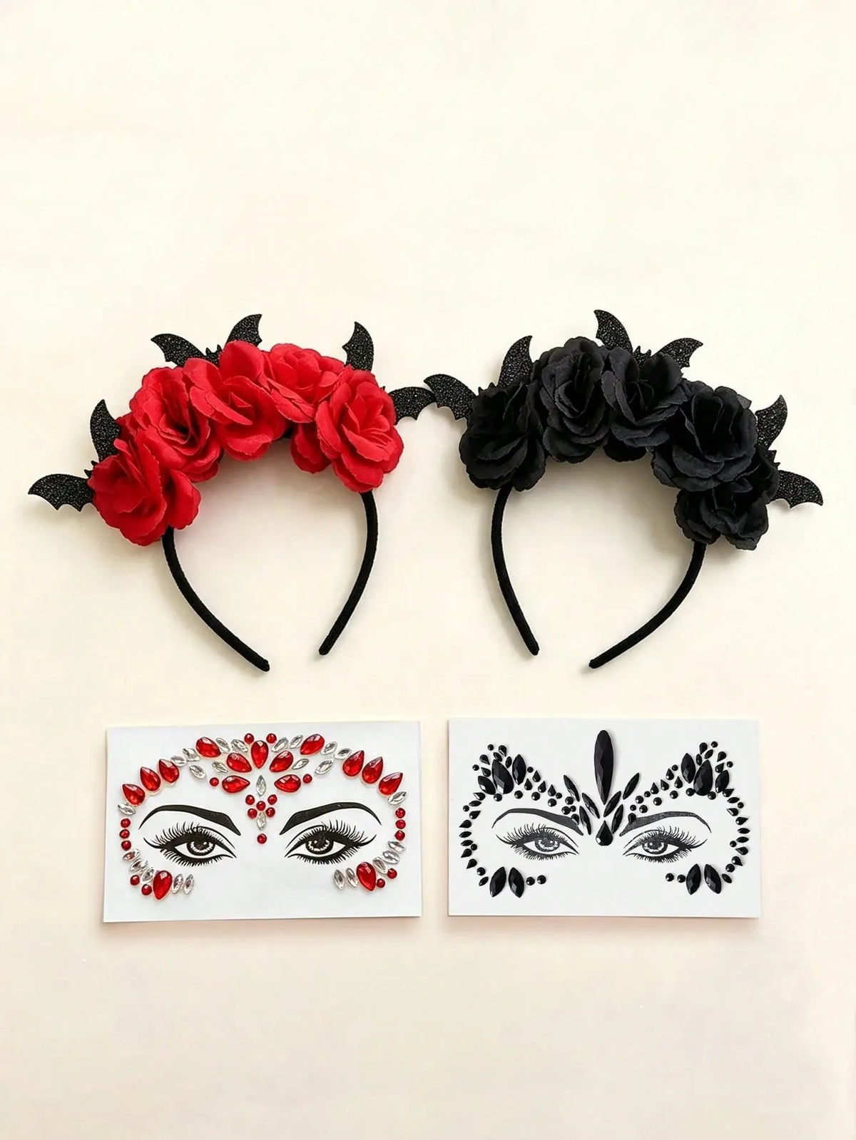KissICON 2PCS Halloween Party Headband Set - Includes Flower & Bat Decorated Headbands, Black Rhinestone