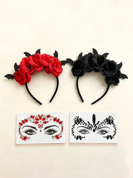 KissICON 2PCS Halloween Party Headband Set - Includes Flower & Bat Decorated Headbands, Black Rhinestone