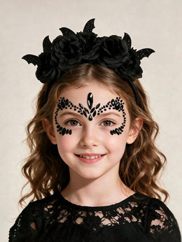 KissICON 2PCS Halloween Party Headband Set - Includes Flower & Bat Decorated Headbands, Black Rhinestone