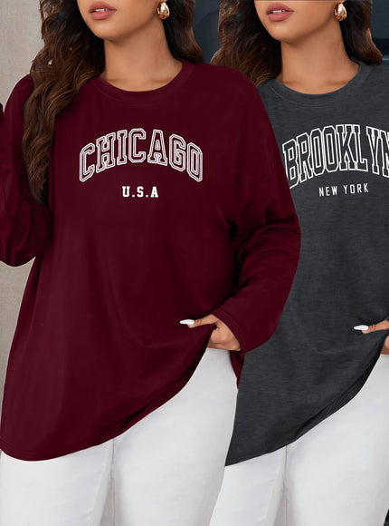 KissICON 2pcs Oversized Women's Long-Sleeve T-Shirts - Soft Casual Polyester Tees with "CHICAGO U.S.A." & "BROOKLYN NEW YORK" Prints, Relaxed Fit, 1XL-5XL, Perfect for Spring & Summer Wardrobe