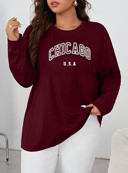KissICON 2pcs Oversized Women's Long-Sleeve T-Shirts - Soft Casual Polyester Tees with "CHICAGO U.S.A." & "BROOKLYN NEW YORK" Prints, Relaxed Fit, 1XL-5XL, Perfect for Spring & Summer Wardrobe