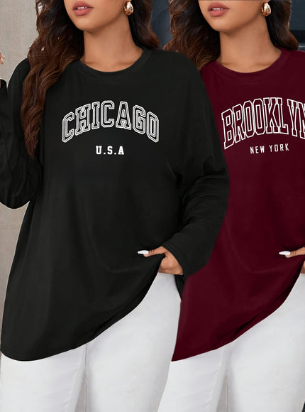 KissICON 2pcs Oversized Women's Long-Sleeve T-Shirts - Soft Casual Polyester Tees with "CHICAGO U.S.A." & "BROOKLYN NEW YORK" Prints, Relaxed Fit, 1XL-5XL, Perfect for Spring & Summer Wardrobe