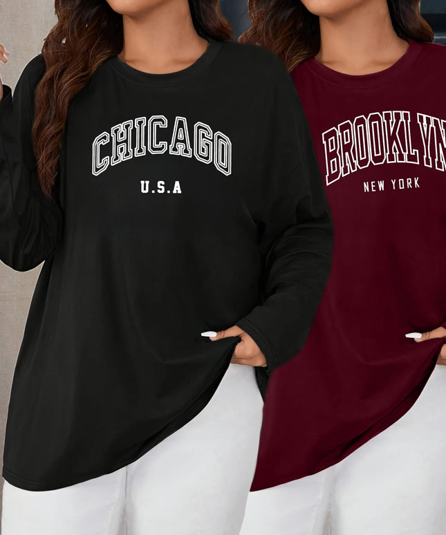 KissICON 2pcs Oversized Women's Long-Sleeve T-Shirts - Soft Casual Polyester Tees with "CHICAGO U.S.A." & "BROOKLYN NEW YORK" Prints, Relaxed Fit, 1XL-5XL, Perfect for Spring & Summer Wardrobe