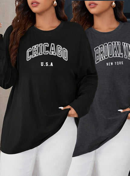 KissICON 2pcs Oversized Women's Long-Sleeve T-Shirts - Soft Casual Polyester Tees with "CHICAGO U.S.A." & "BROOKLYN NEW YORK" Prints, Relaxed Fit, 1XL-5XL, Perfect for Spring & Summer Wardrobe