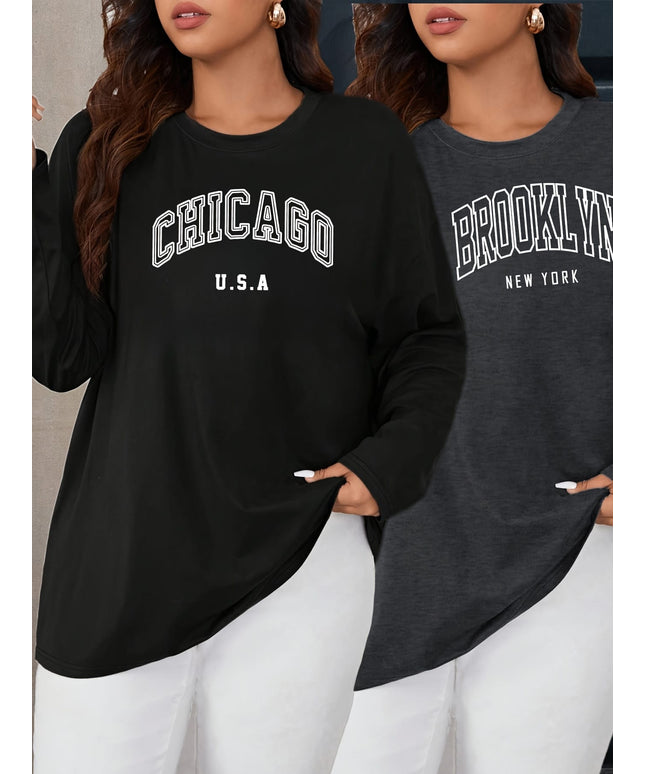 KissICON 2pcs Oversized Women's Long-Sleeve T-Shirts - Soft Casual Polyester Tees with "CHICAGO U.S.A." & "BROOKLYN NEW YORK" Prints, Relaxed Fit, 1XL-5XL, Perfect for Spring & Summer Wardrobe