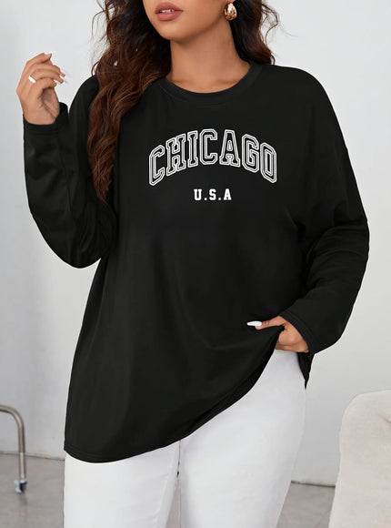 KissICON 2pcs Oversized Women's Long-Sleeve T-Shirts - Soft Casual Polyester Tees with "CHICAGO U.S.A." & "BROOKLYN NEW YORK" Prints, Relaxed Fit, 1XL-5XL, Perfect for Spring & Summer Wardrobe