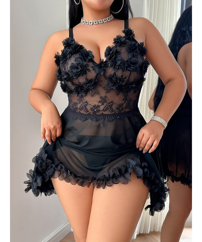 jkthpu-45 2pcs Plus Size Sexy Lingerie Set: Lace-Up Mesh Floral Skater Dress + Thong