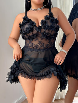 jkthpu-45 2pcs Plus Size Sexy Lingerie Set: Lace-Up Mesh Floral Skater Dress + Thong