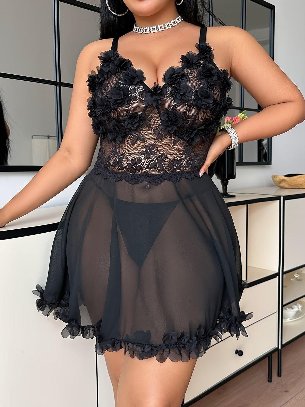 jkthpu-45 2pcs Plus Size Sexy Lingerie Set: Lace-Up Mesh Floral Skater Dress + Thong