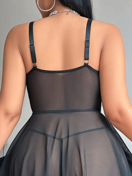jkthpu-45 2pcs Plus Size Sexy Lingerie Set: Lace-Up Mesh Floral Skater Dress + Thong