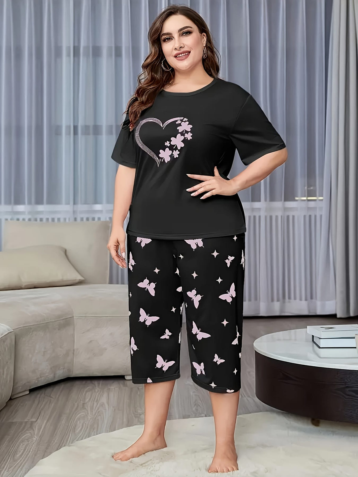 jkthpu-45 2pcs Set of Short-sleeved 7-point Pants Large Size