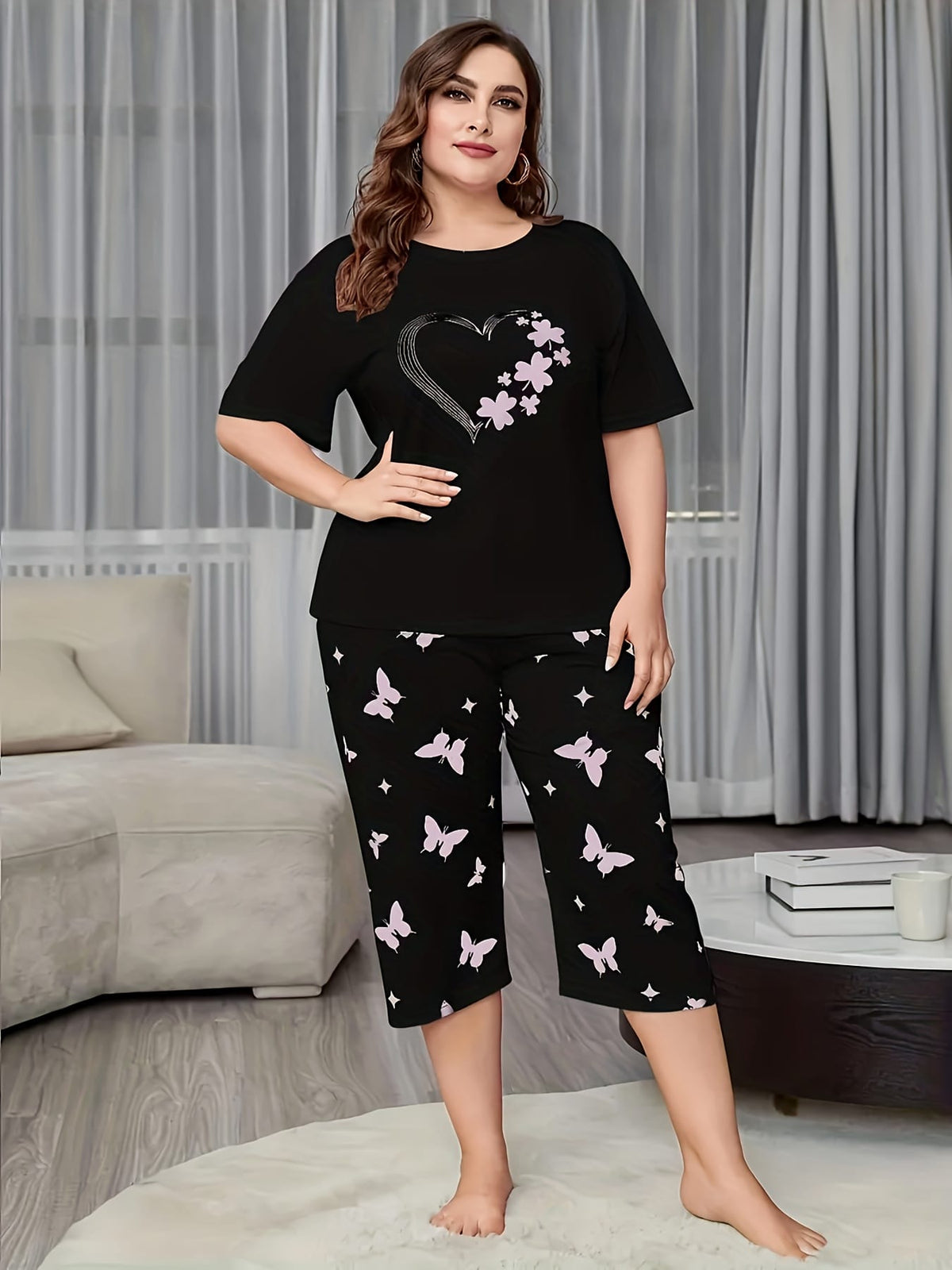 jkthpu-45 2pcs Set of Short-sleeved 7-point Pants Large Size