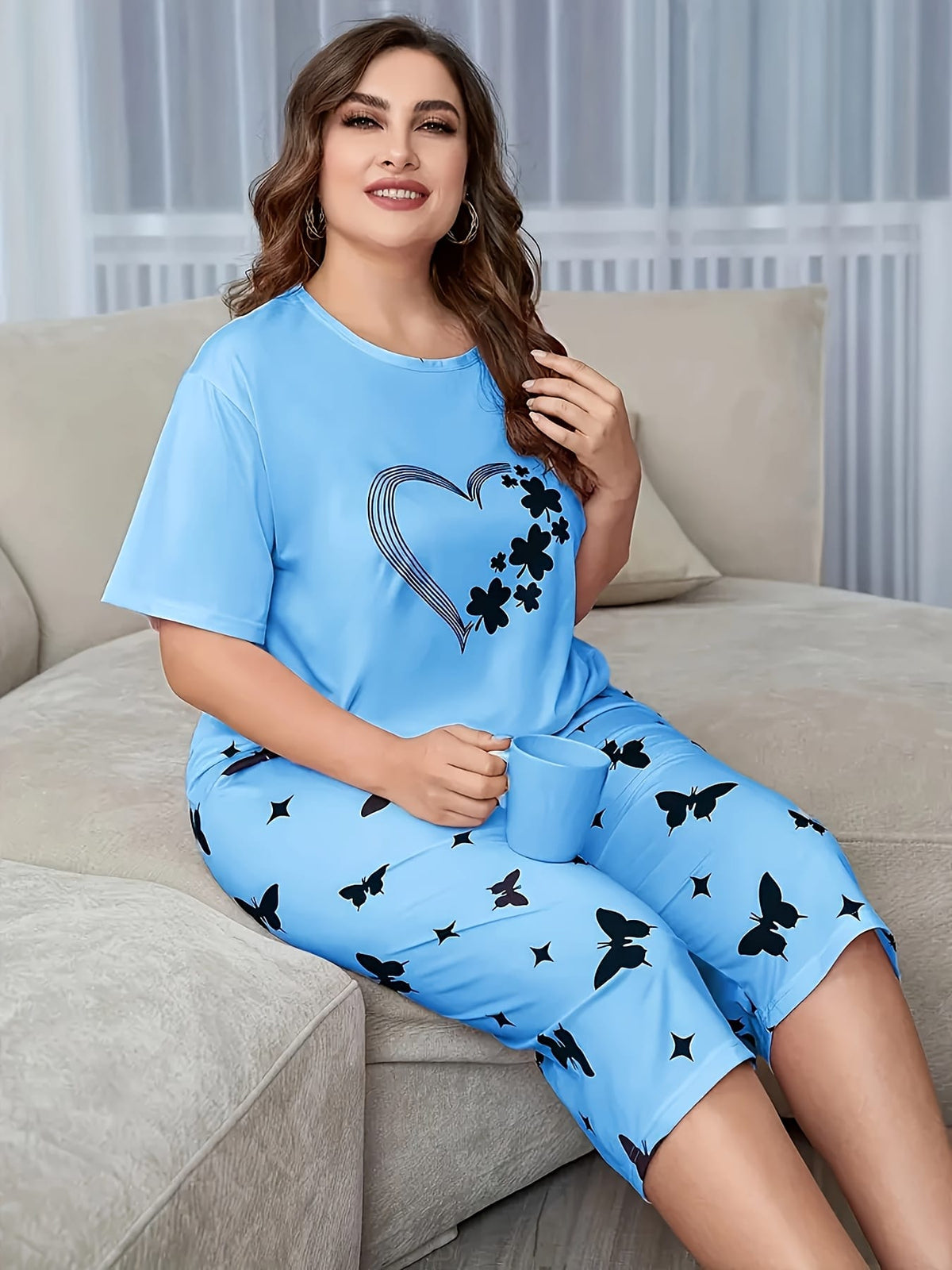 jkthpu-45 2pcs Set of Short-sleeved 7-point Pants Large Size