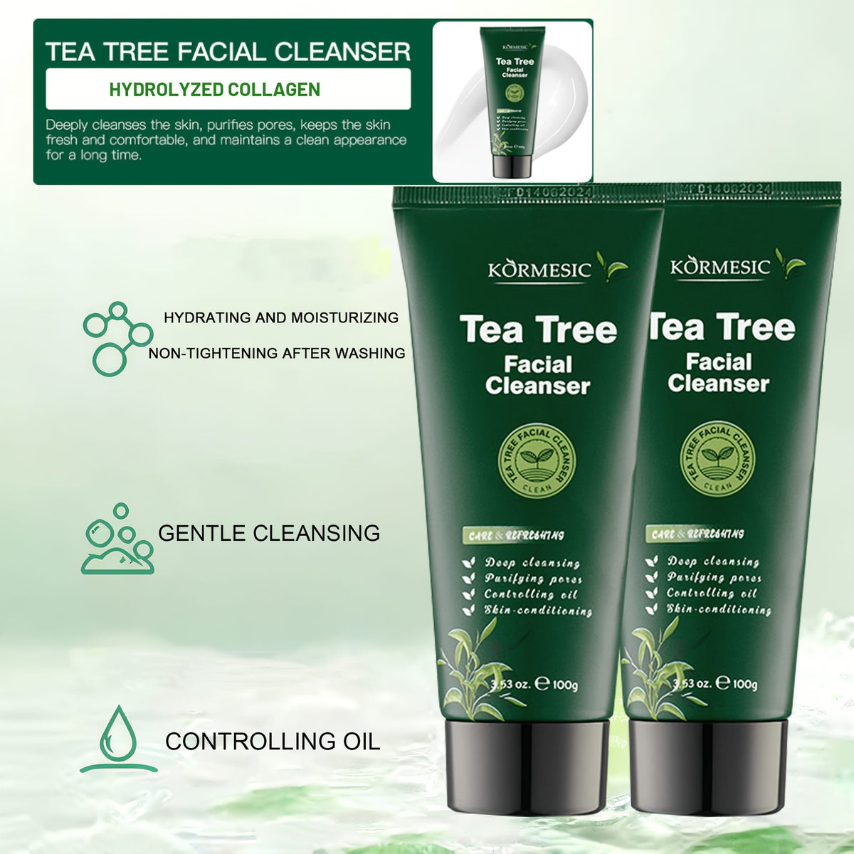 KissICON 2pcsx100g 2pcs Tea Tree Cleanser Gentle Foam