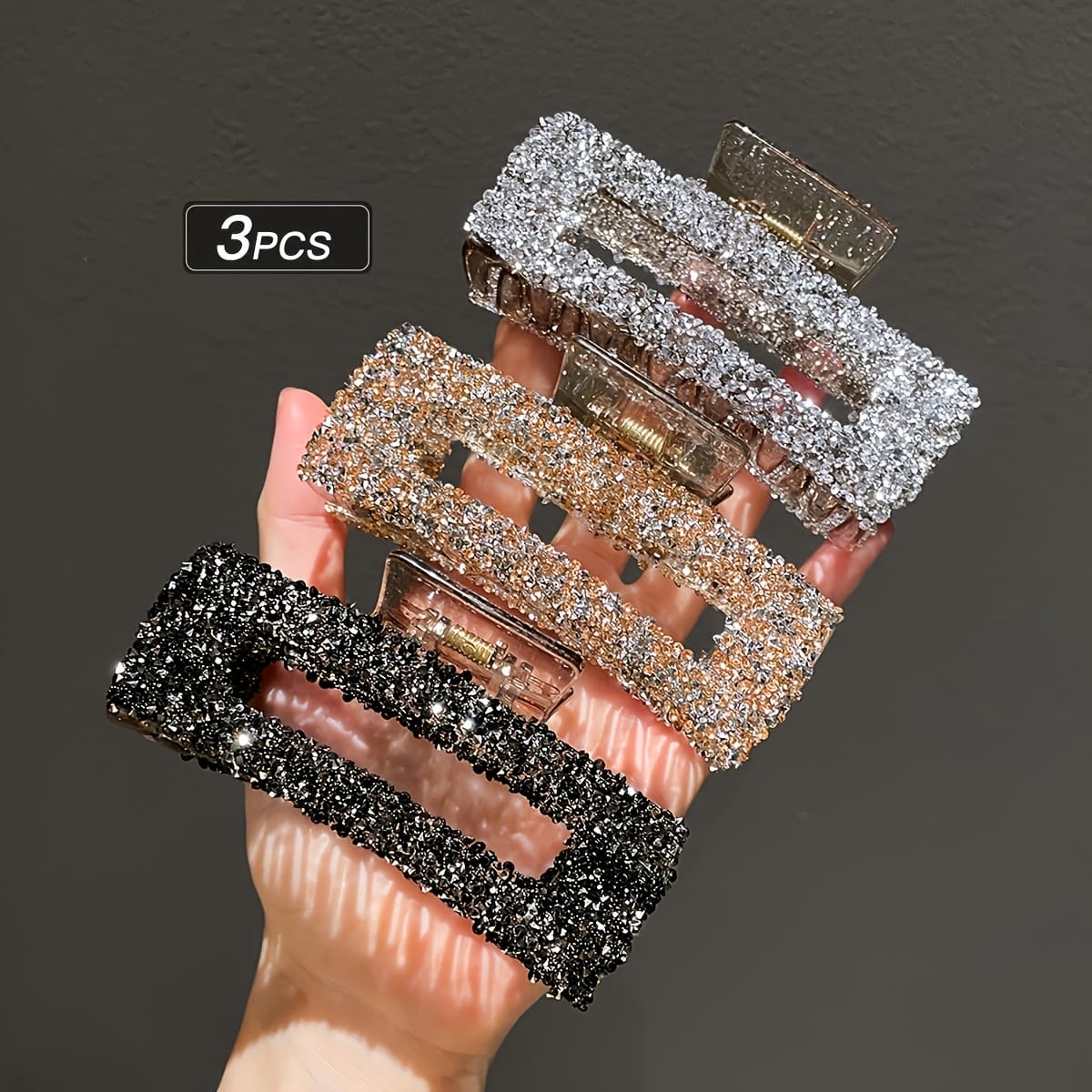 KissICON 3 Colors Packs Sparkling Rhinestone Square Hair Clips Trendy Office Chic Set