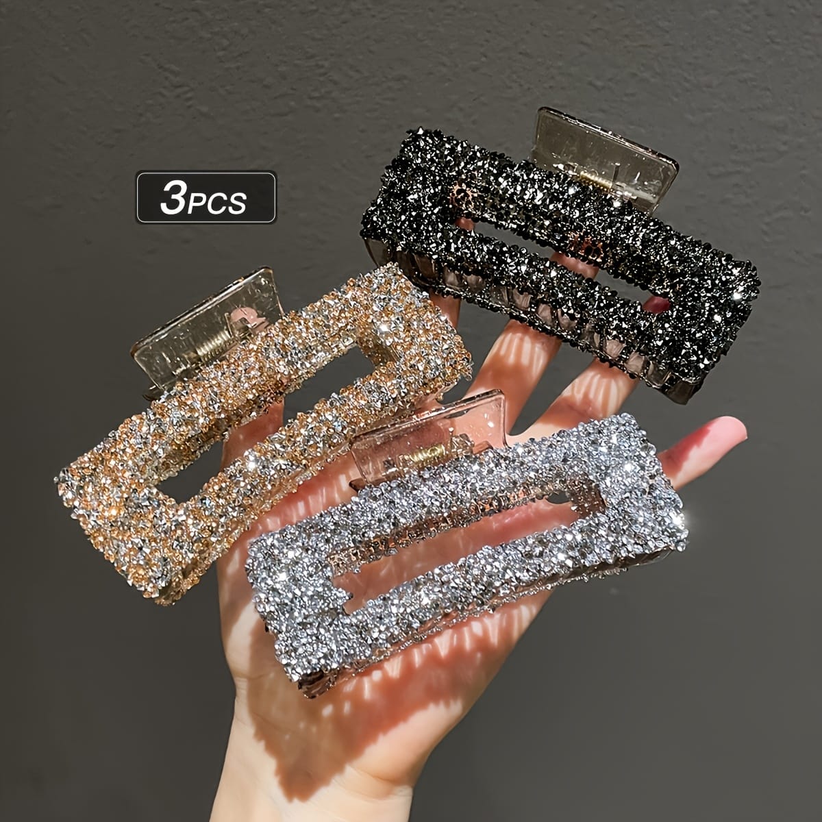 KissICON 3 Colors Packs Sparkling Rhinestone Square Hair Clips Trendy Office Chic Set